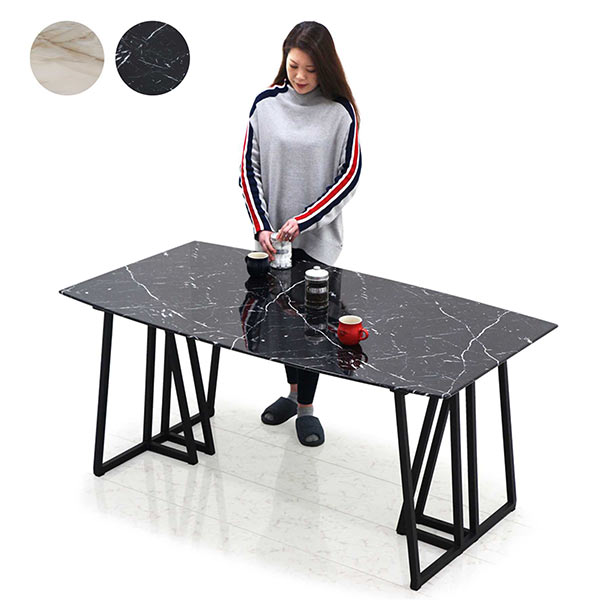 値引 選べる2色 ホワイト ブラック ガラステーブル 幅160cm 大理石風 ダイニングテーブル 黒 送料無料 インテリア 高級感 個性的 異素材 強化ガラス 粉体塗装 アイアン脚 160 90 長方形 スタイリッシュ モダン おしゃれ テーブル単体 奥行き90cm モノトーン マーブル調 白