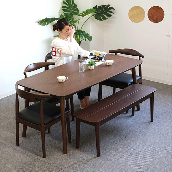 ダイニングテーブル 6点セット 6人掛け ベンチタイプ 北欧風 カフェ風 長方形 テーブル 幅165cm 165x80 ハーフアームダイニングチェア ウォルナット オーク突板 ナチュラル ブラウン 省スペース おしゃれ シンプル