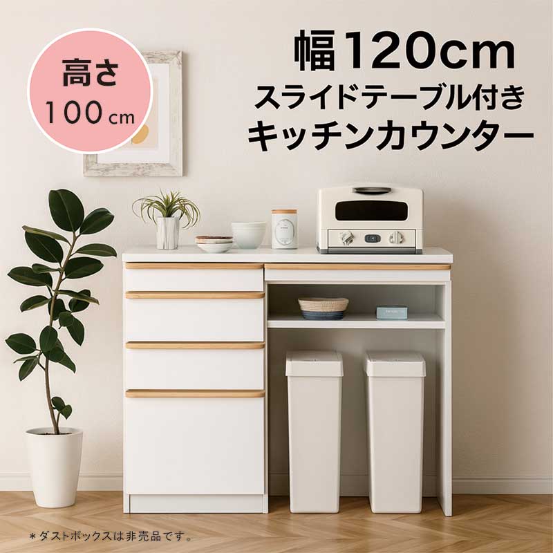 ごみ箱が収納できる キッチンカウンター スライドテーブル ゴミ箱 収納付き 幅120cm 高さ100cm 白 間仕切り ダストボックス ゴミ箱 レンジ台 レンジボード 食器棚 キッチン収納棚 作業台 ロータイプ ハイカウンター 背面化粧仕上げ ホワイト 光沢 艶 おしゃれ 北欧 新生活