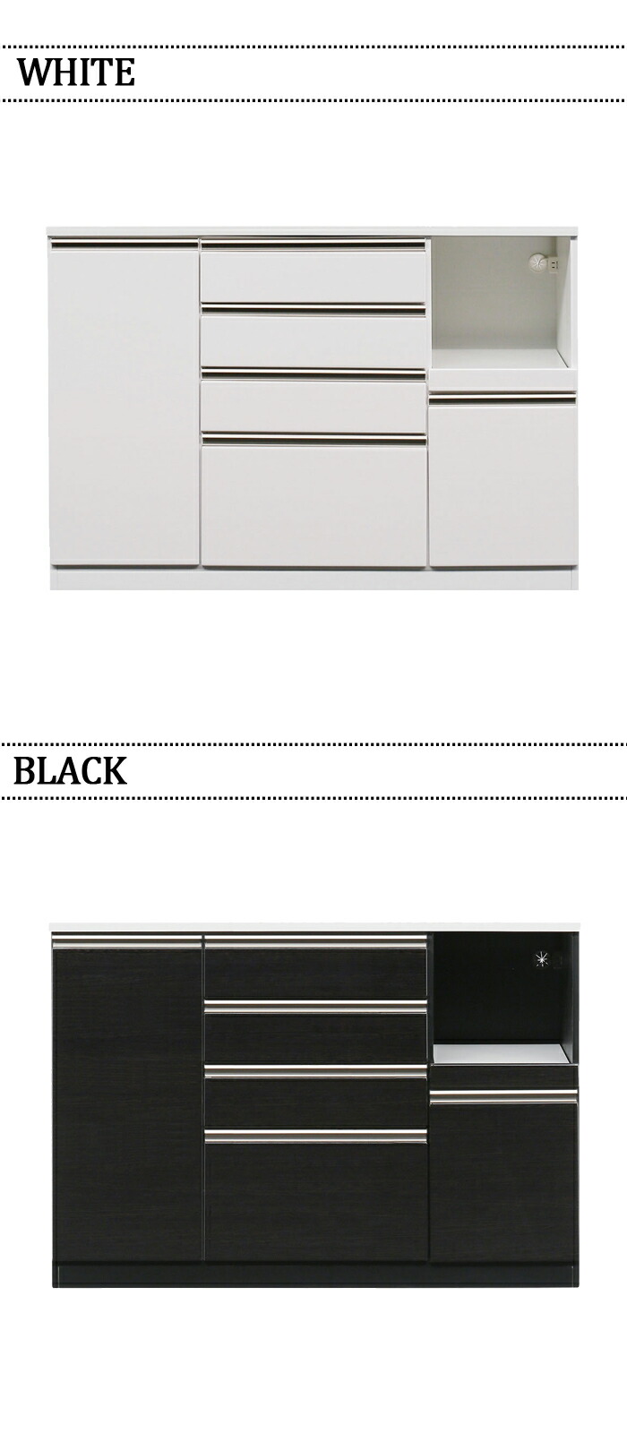 キッチンカウンター 幅140cm レンジボード 大型レンジ 食器棚 キッチン 作業台 家電収納 レンジ台 光沢 艶 大量収納 分類収納 引き出し収納 コンセント付き 完成品 ホワイト ブラック ブラウン コンパクト おしゃれ モダン Dwellingplaceint Org