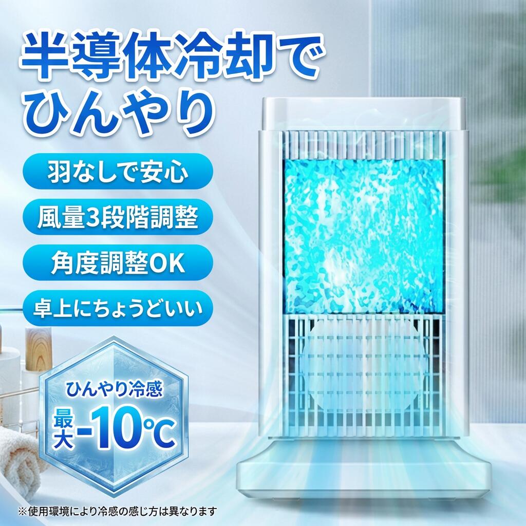 【半導体冷却でひんやり】冷風機 羽なしタイプ 小型 ミニ冷風扇 卓上ミニクーラー 風量3段階調整 ライト付き 省エネ 送風 加湿 自動電源オフ オフィス 寝室 リビング 敬老の日 プレゼント ポイント消化 ギフト 人気 おすすめ 新生活 母の日 父の日 誕生日｜バズールショップ