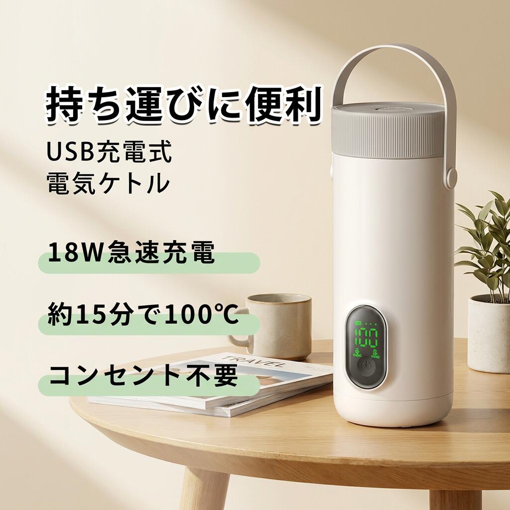 【持ち運びに便利】電気ケトル 18W USB急速充電式 ワイヤレス 湯沸かしポット 350ml 100℃ 45℃恒温 保温12時間 空焚き防止 真空断熱 漏れない 旅行 車中泊 トラベル ポイント消化 プレゼント ギフト 人気 おすすめ 新生活 母の日 父の日 誕生日