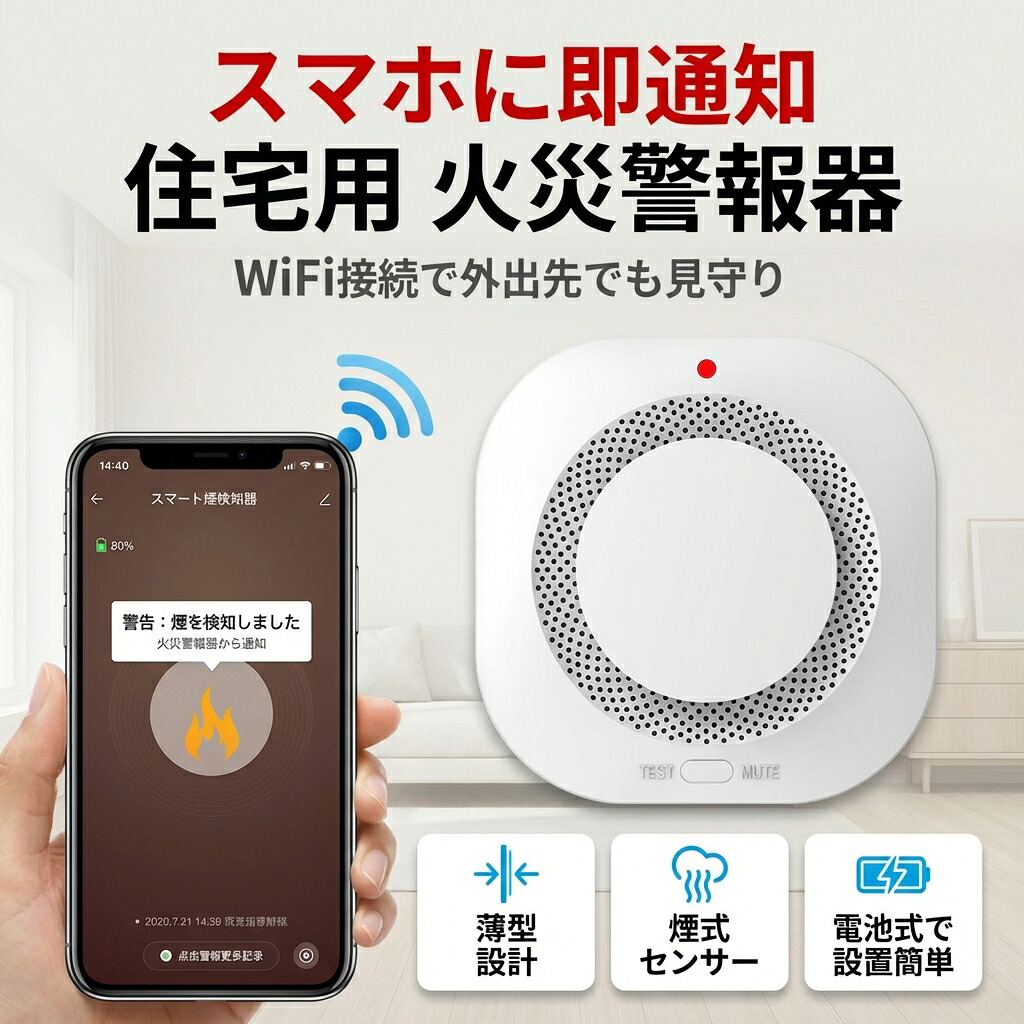 【スマホ遠隔で通知】住宅用火災警報器 WIFI知能接続 薄型 煙式 火災警報器 火事 警報 ブザー アプリ 電池式 防犯アラーム ポイント消化 プレゼント ギフト 人気 おすすめ 新生活 母の日 父の日 誕生日｜バズールショップ