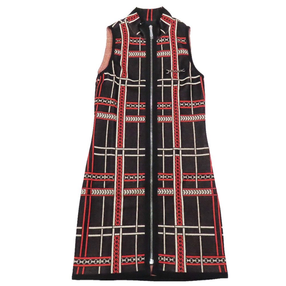 【中古】未使用 HERMES エルメス Tartan et Chaines Milano フロントジップ ノースリーブ ワンピース Aライン ロングジレ ベスト 34 レッド レディース Re：MODE ブランド古着のリモード｜Re：MODE　ブランド古着のリモード