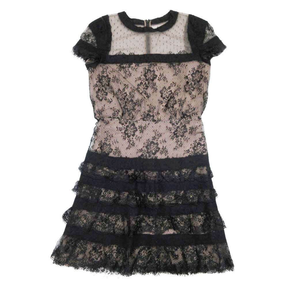 【中古】良品 VALENTINO ヴァレンティノ ティアードレース ドレス ワンピース シアー チュール 花柄 12 ブラック&times;ベージュピンク レディース Re：MODE ブランド古着のリモード｜Re：MODE　ブランド古着のリモード