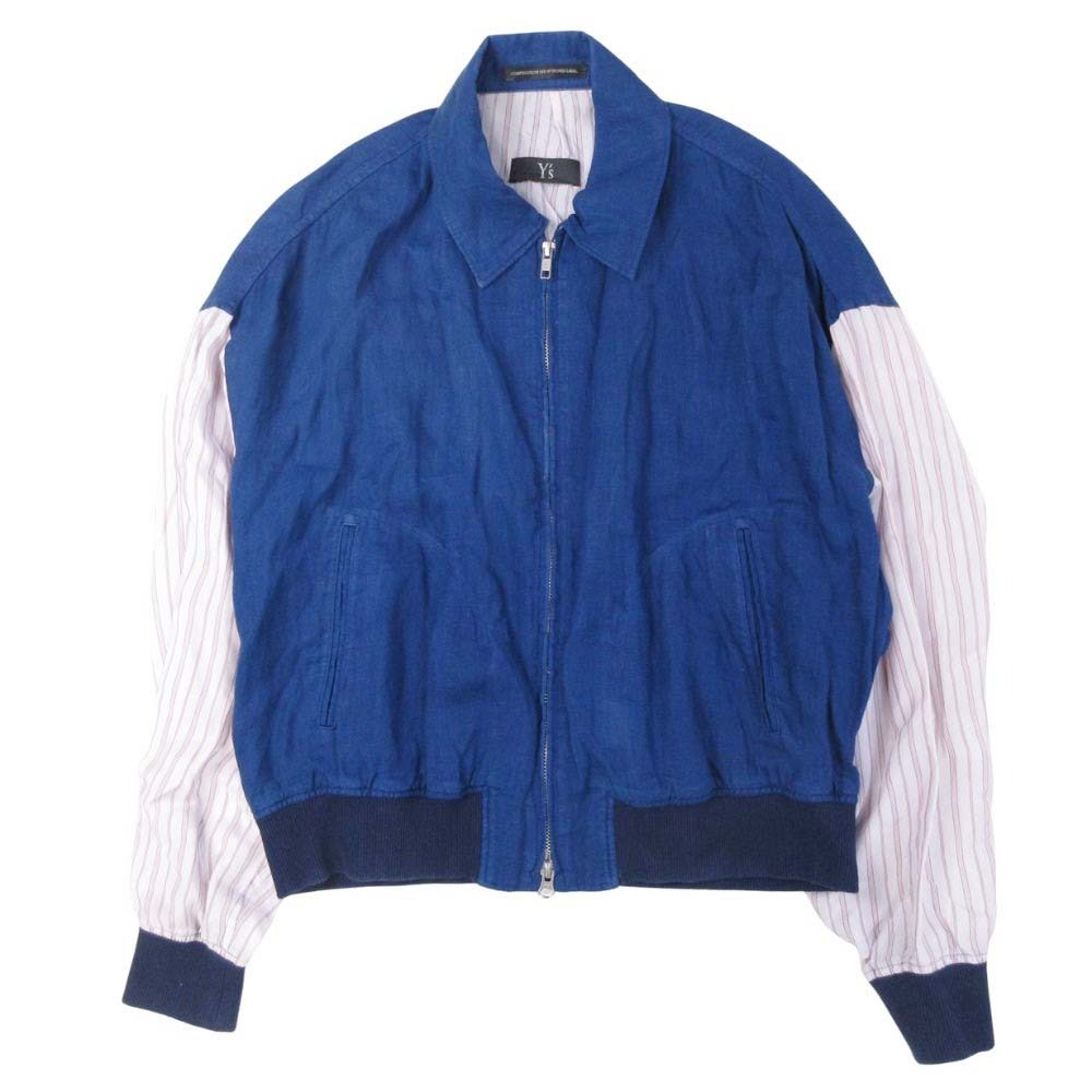 【中古】 17ss Y's ワイズ ヨウジヤマモト リネン ストライプ ドッキング ブルゾン ジャケット 1 青×グレー YD-Y02-306 レディース Re：MODE ブランド古着のリモード