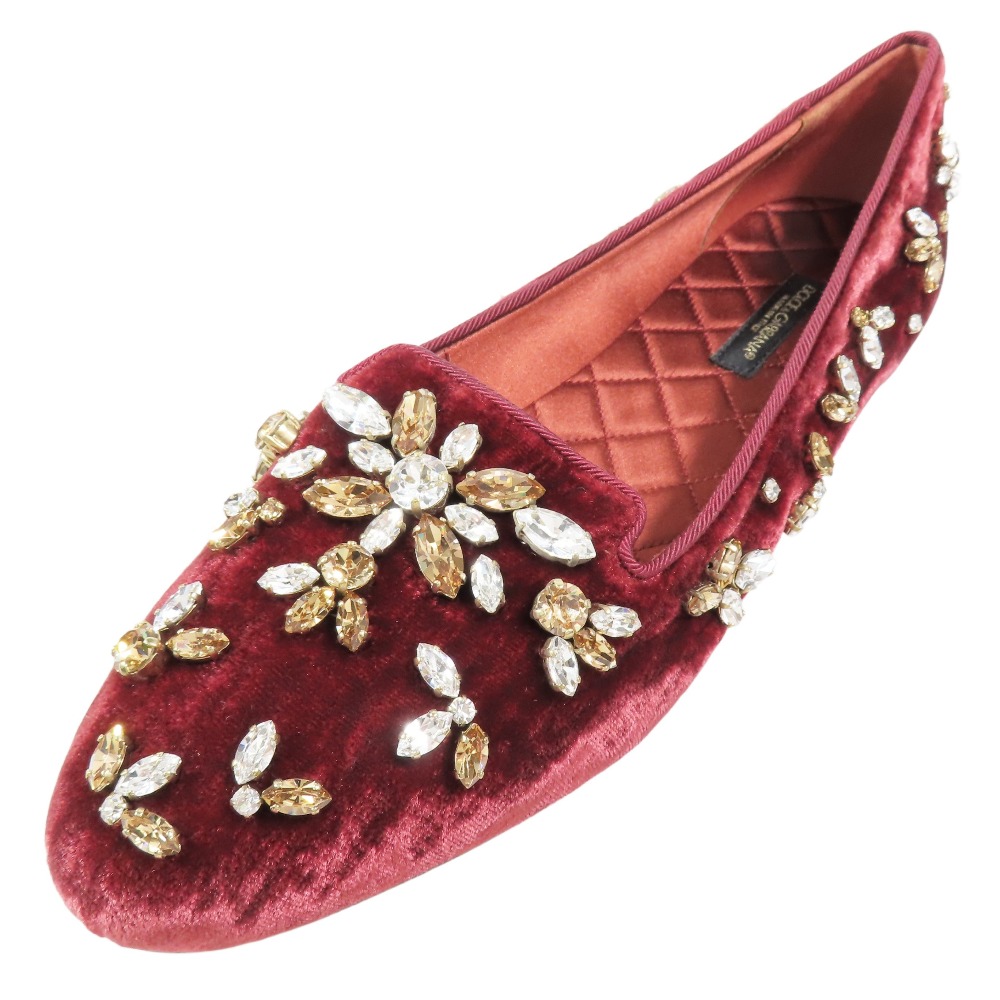 【中古】未使用 DOLCE&GABBANA ドルチェ＆ガッバーナ ベロア ビジュー フラットシューズ パンプス スリッポン 靴 ベルベット 36 レッド レディース Re：MODE ブランド古着のリモード