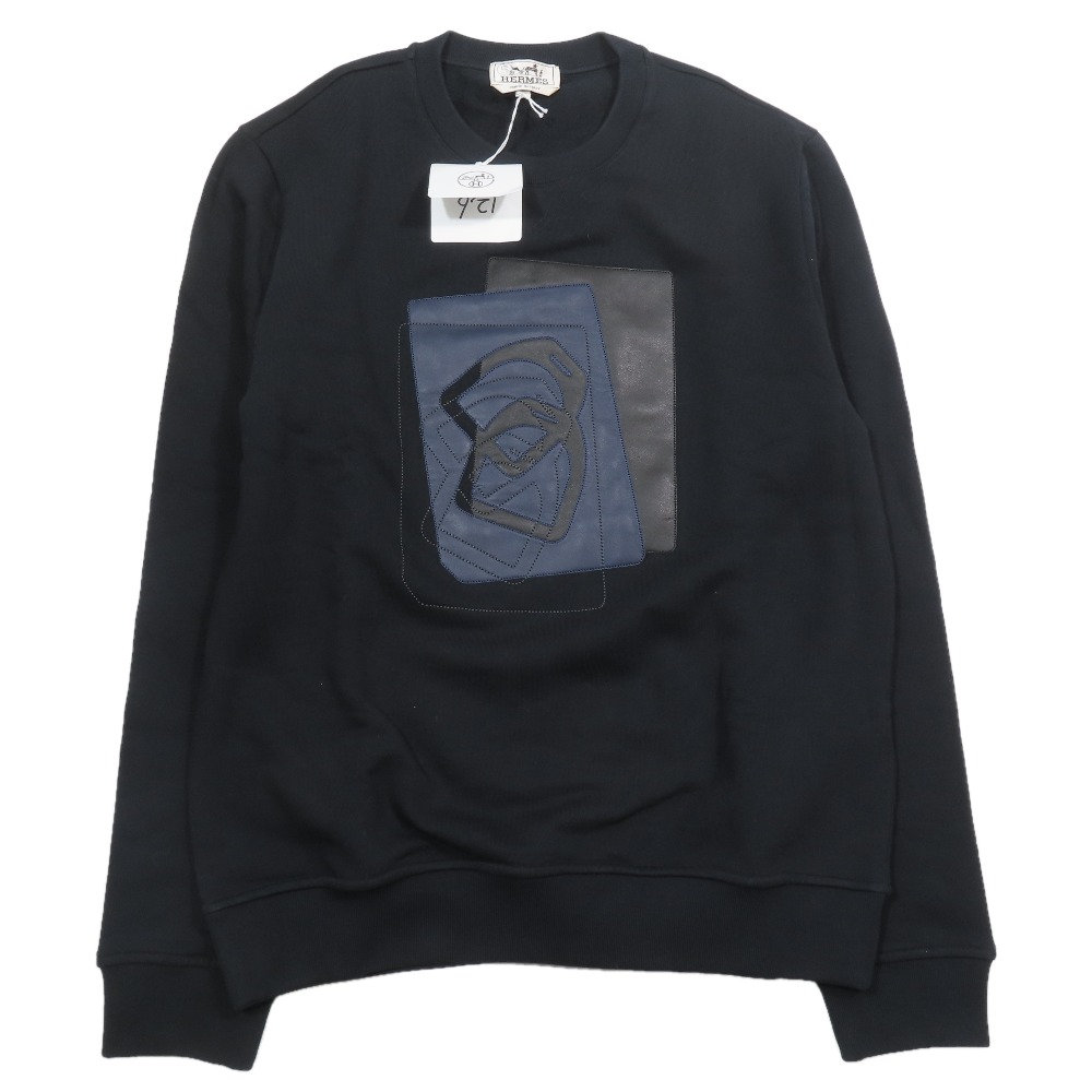 【中古】未使用 HERMES エルメス 23AW ETRIERS DECALES レザーパッチ スウェットシャツ 裏起毛 トレーナー プルオーバー S ブラック メンズ Re：MODE ブランド古着のリモード｜Re：MODE　ブランド古着のリモード