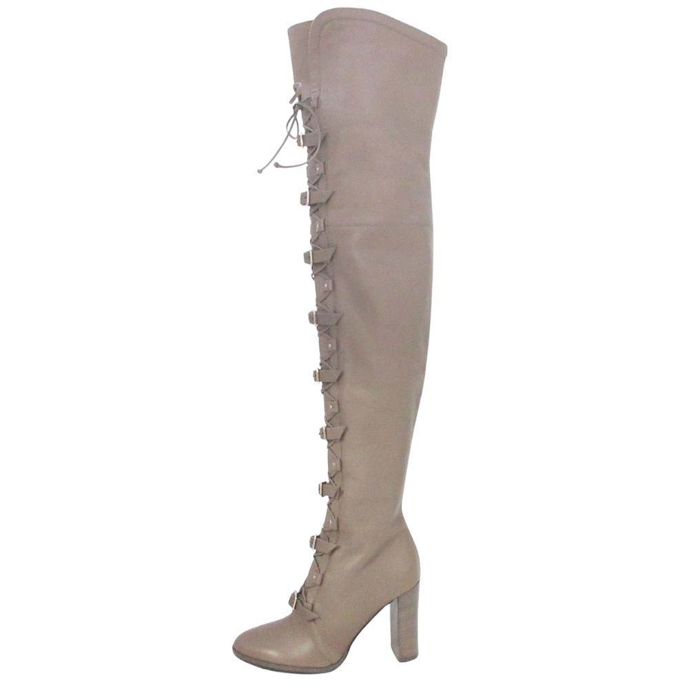 【中古】未使用 JIMMY CHOO ジミーチュウ Maloy 95 レースアップ ニーハイブーツ アーモンドトゥ レザー ロングブーツ 34.5/21.5 グレージュ レディース Re:MODE ブランド古着のリモード|Re:MODE ブランド古着のリモード