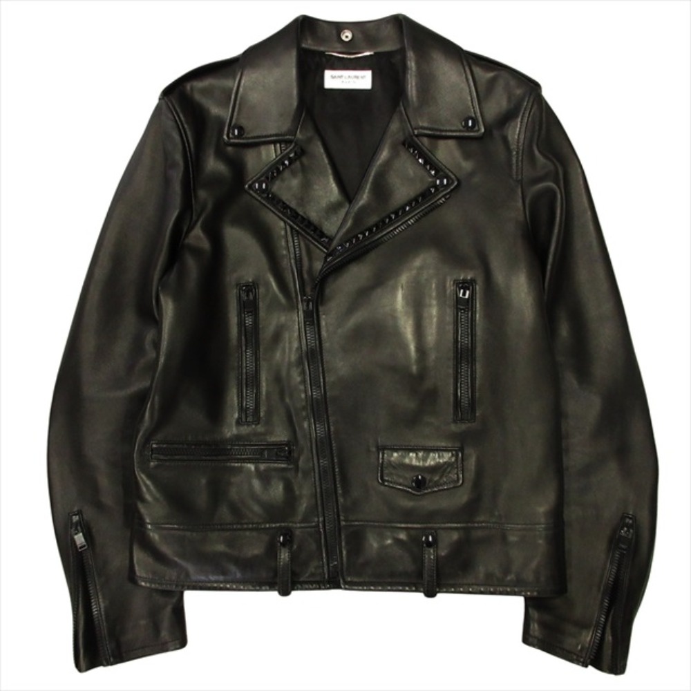 【中古】良品 SAINT LAURENT PARIS サンローランパリ スタッズ オールブラック ダブル ライダース ジャケット L01 モーターサイクル レザー 52 メンズ Re：MODE ブランド古着のリモード｜Re：MODE　ブランド古着のリモード 127,550円