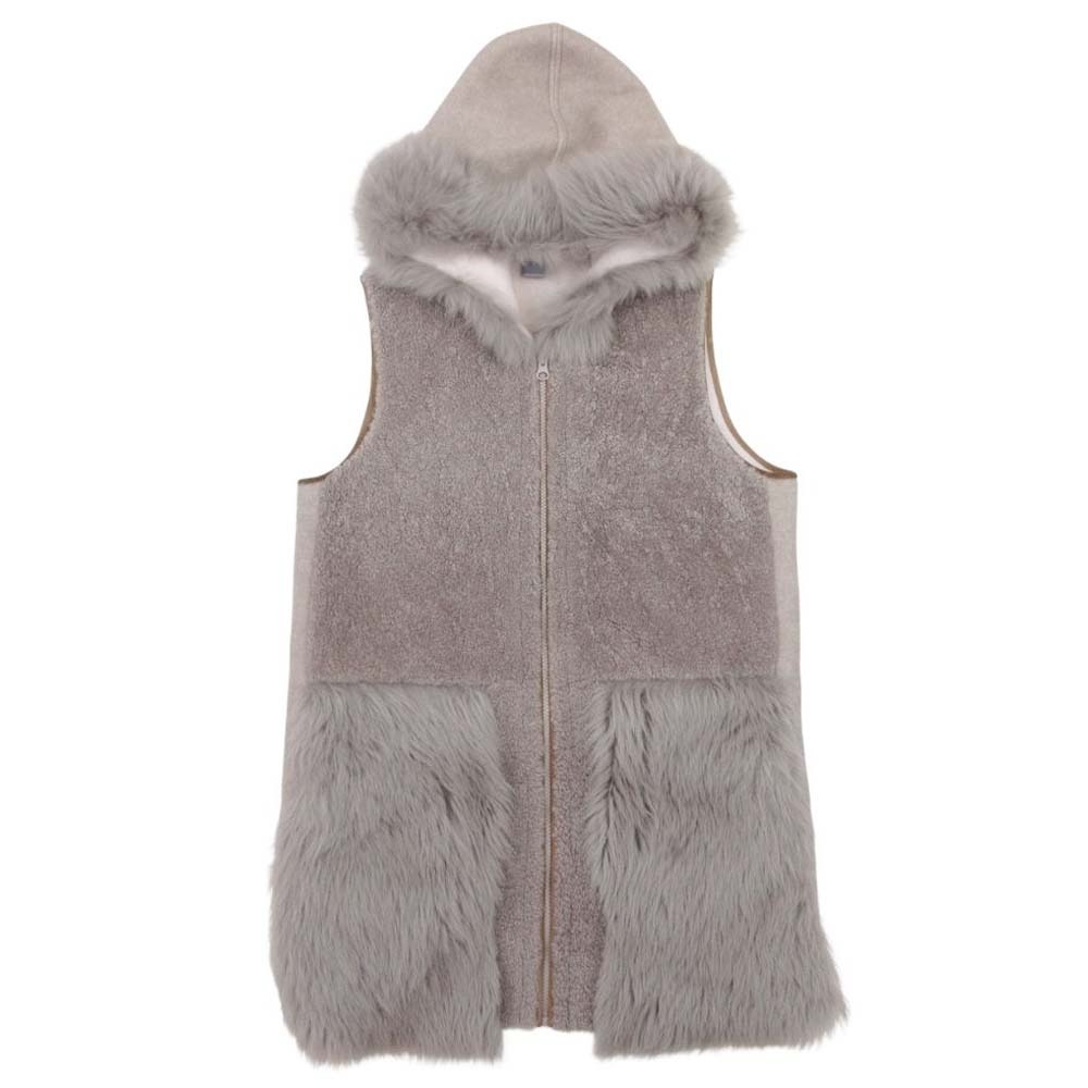 【中古】美品 Lisa Conte リサコンテ ムートンベスト フーデッド ロングジレ 羊革ムートン カシミヤブレンド ベスト 40 グレージュ レディース Re：MODE ブランド古着のリモード