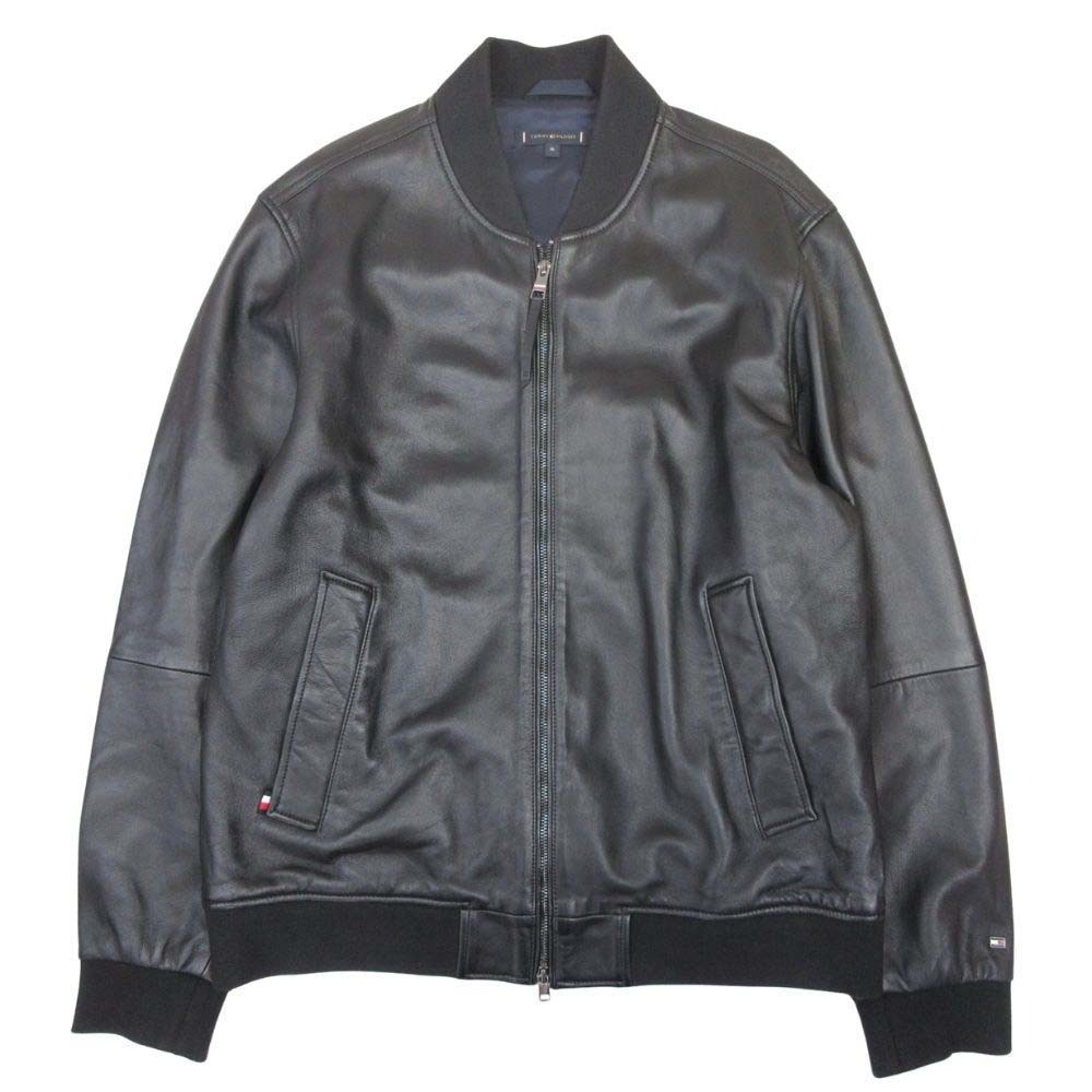 【中古】美品 TOMMY HILFIGER トミーヒルフィガー シープスキン レザーボンバージャケット ブルゾン アウター 羊革 ジップアップ XL ブラック メンズ Re:MODE ブランド古着のリモード|Re:MODE ブランド古着のリモード