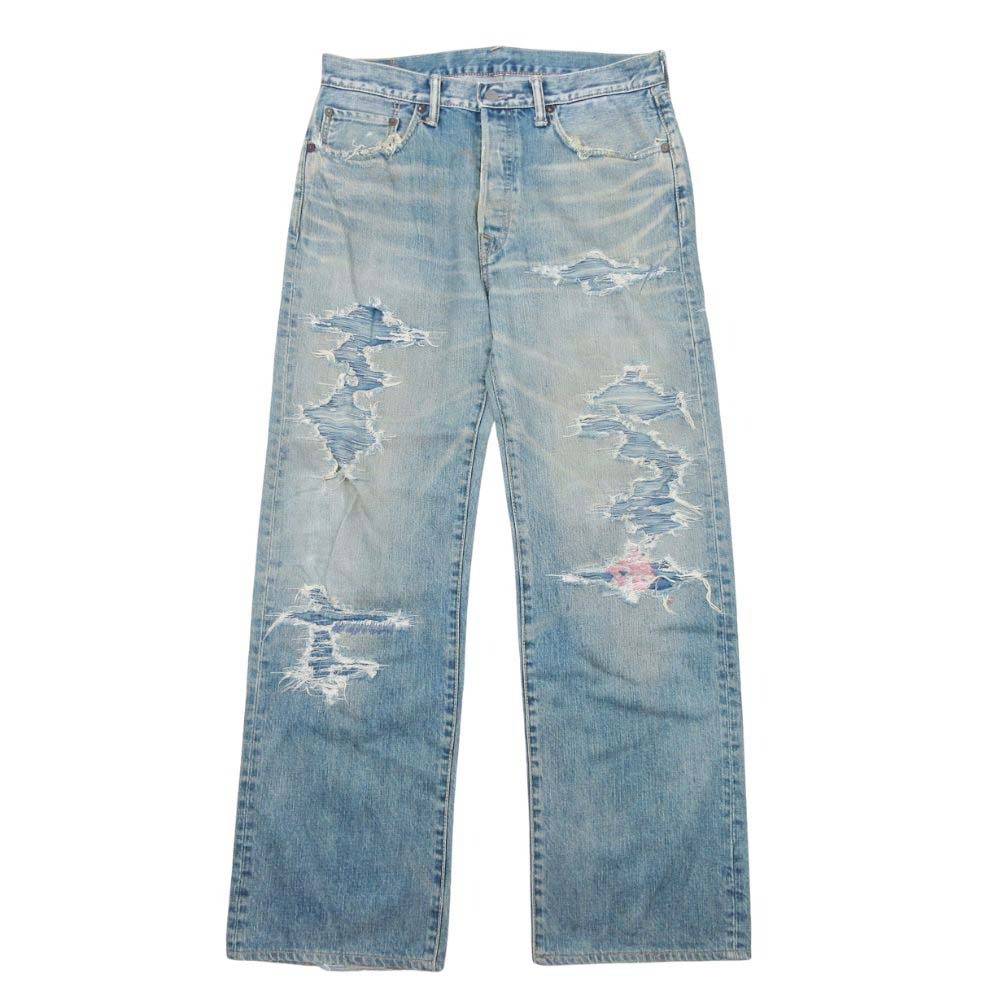 【中古】良品 45R 45rpm フォーティファイブアールピーエム ダメージ リペア加工 ストレートデニム パンツ ジーンズ 34 ライトインディゴ メンズ Re：MODE ブランド古着のリモード｜Re：MODE　ブランド古着のリモード