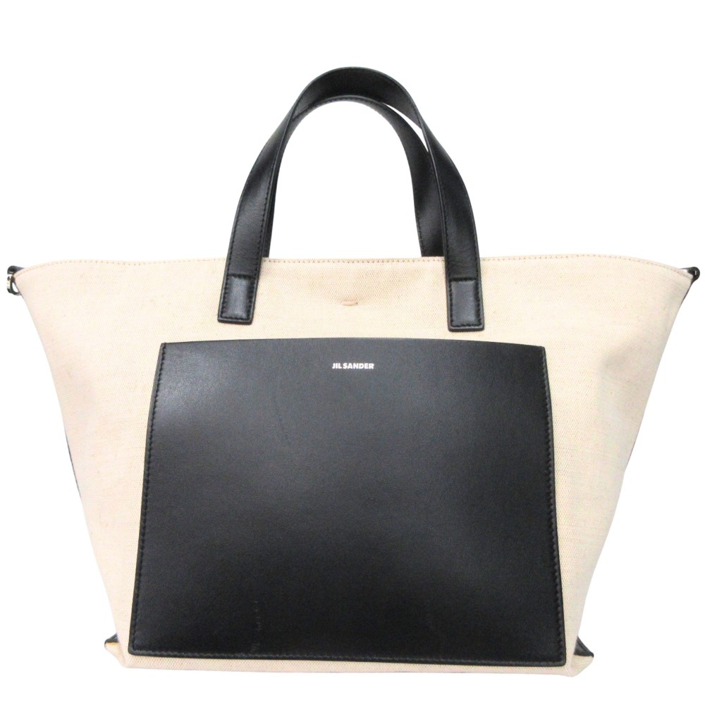【中古】美品 JIL SANDER ジルサンダー ワンダースクエア スモール トート ショルダー バッグ 2way レザー キャンバス ベージュ系 黒 ブラック レディース Re:MODE ブランド古着のリモード|Re:MODE ブランド古着のリモード