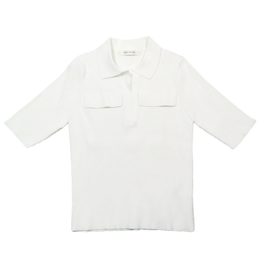 【中古】未使用 KINO THE KEI キノザケイ 五分袖 リブニット ポロシャツ KTK411-0177 スキッパー 開襟 カットソー F ホワイト レディース Re:MODE ブランド古着のリモード|Re:MODE ブランド古着のリモード