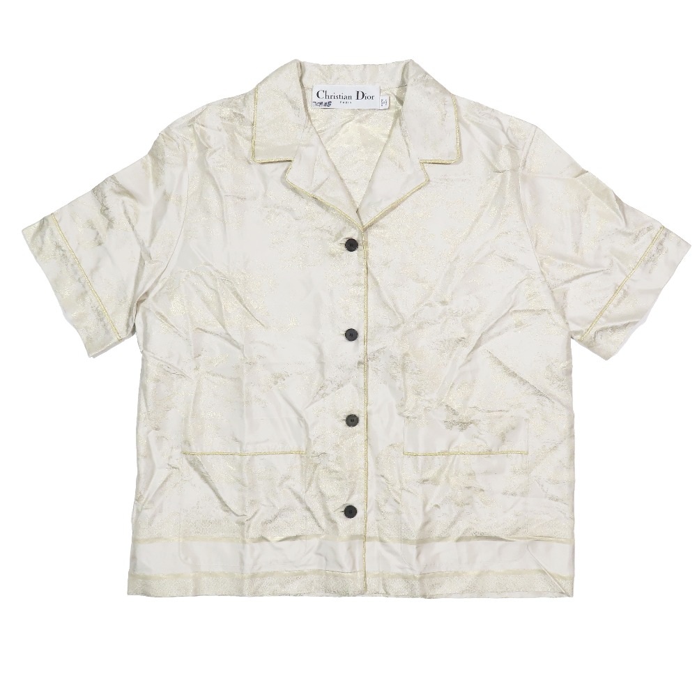 【中古】新品同様 Christian Dior クリスチャンディオール シルク 半袖 メタリックジャカード ロゴ シャツ 半袖 総柄 36 シルバー ゴールド レディース Re：MODE ブランド古着のリモード｜Re：MODE　ブランド古着のリモード