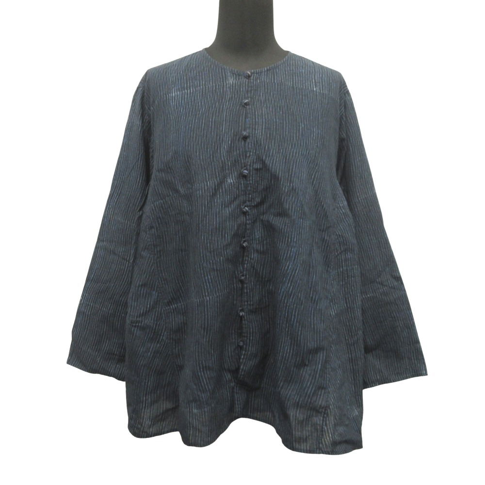 【中古】良品 JURGEN LEHL ヨーガンレール ワイド ノーカラー シャツ ブラウス カットソー ストライプ L ネイビー レディース Re：MODE ブランド古着のリモード｜Re：MODE　ブランド古着のリモード