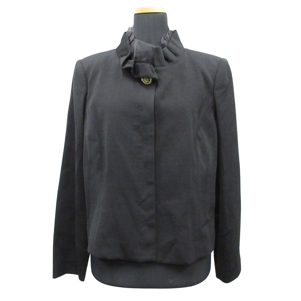【中古】未使用 Studio Junko スタジオジュンコ 2way フリルカラー ジャケット ブルゾン チュール 切替 装飾ボタン 13号 黒 ブラック レディース Re：MODE ブランド古着のリモード｜Re：MODE　ブランド古着のリモード
