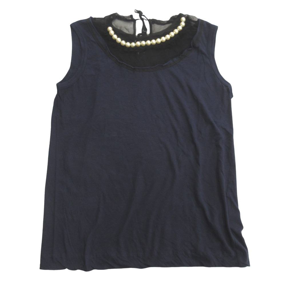 【中古】美品 tricot COMME des GARCONS トリココムデギャルソン 06aw フェイクパール タンクトップ ノースリーブ カットソー 切替 ネイビー レディース Re：MODE ブランド古着のリモード｜Re：MODE　ブランド古着のリモード