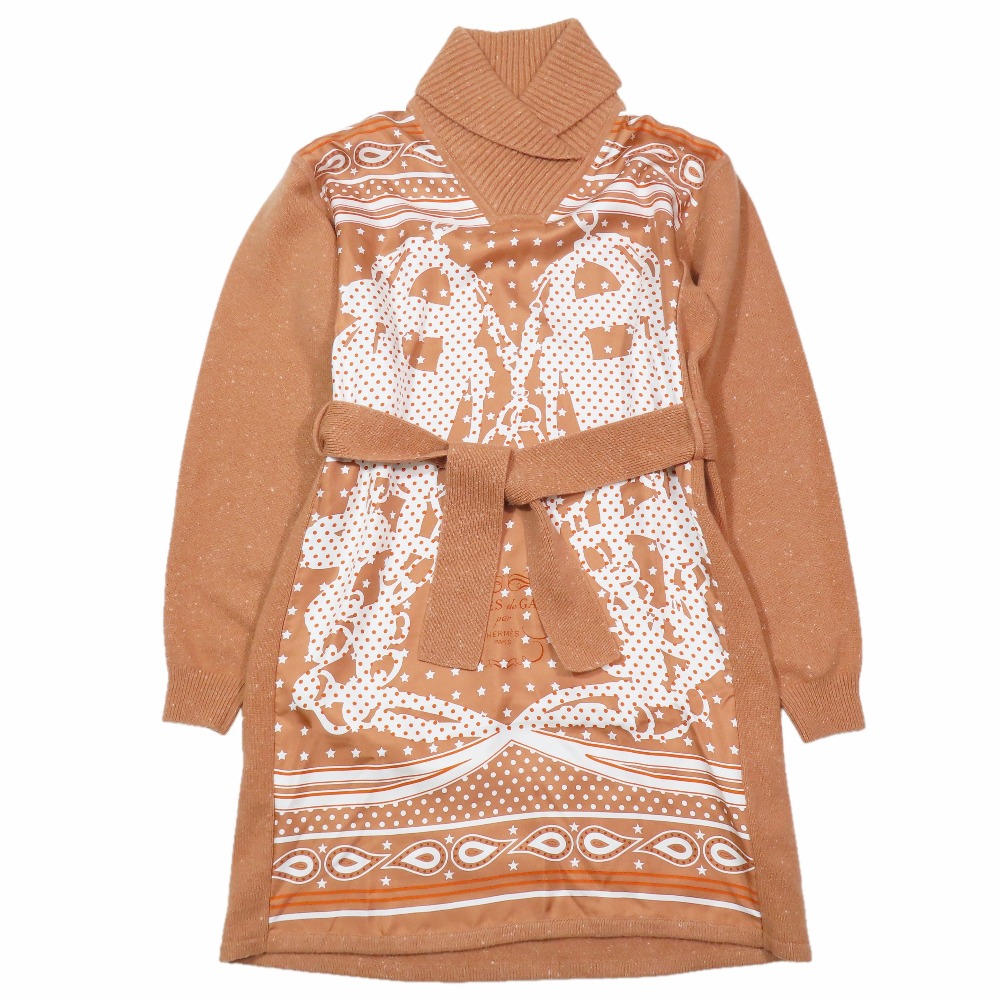 【中古】未使用 HERMES エルメス シルク ツイルレーヌ Brides de Gala ウール カシミヤ ニット ワンピース ショールカラー 36 コーラルオレンジ レディース Re：MODE ブランド古着のリモード｜Re：MODE　ブランド古着のリモード 64,075円