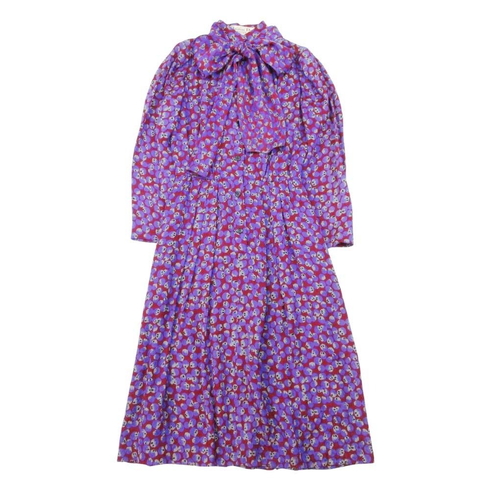 【中古】良品 Christian Dior BOUTIQUE クリスチャンディオール 80s 90s シルク100％ 総柄 ボウタイ ワンピース 長袖 ヴィンテージ 紫 レディース Re：MODE ブランド古着のリモード｜Re：MODE　ブランド古着のリモード