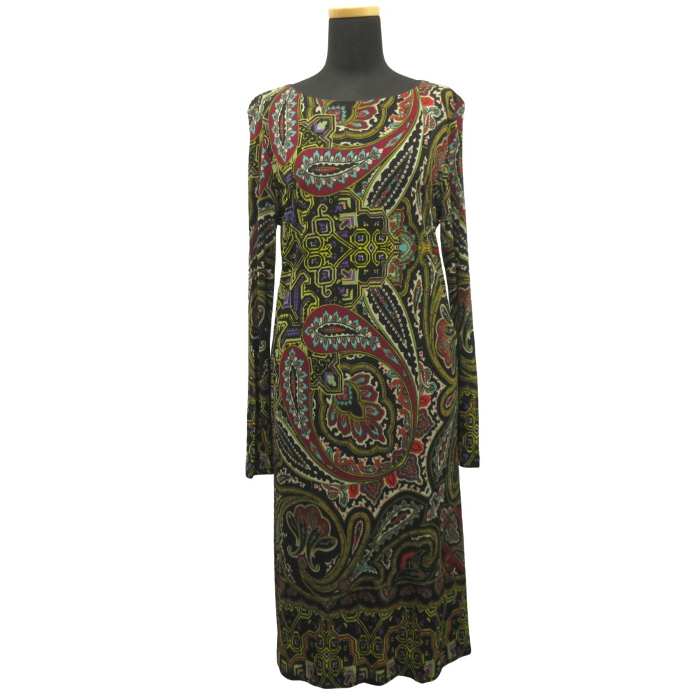 【中古】新品同様 ETRO エトロ ペイズリー プリント ワンピース ドレス カットソー 総柄 ストレッチ 膝丈 38 黒 ブラック マルチカラー レディース Re：MODE ブランド古着のリモード｜Re：MODE　ブランド古着のリモード