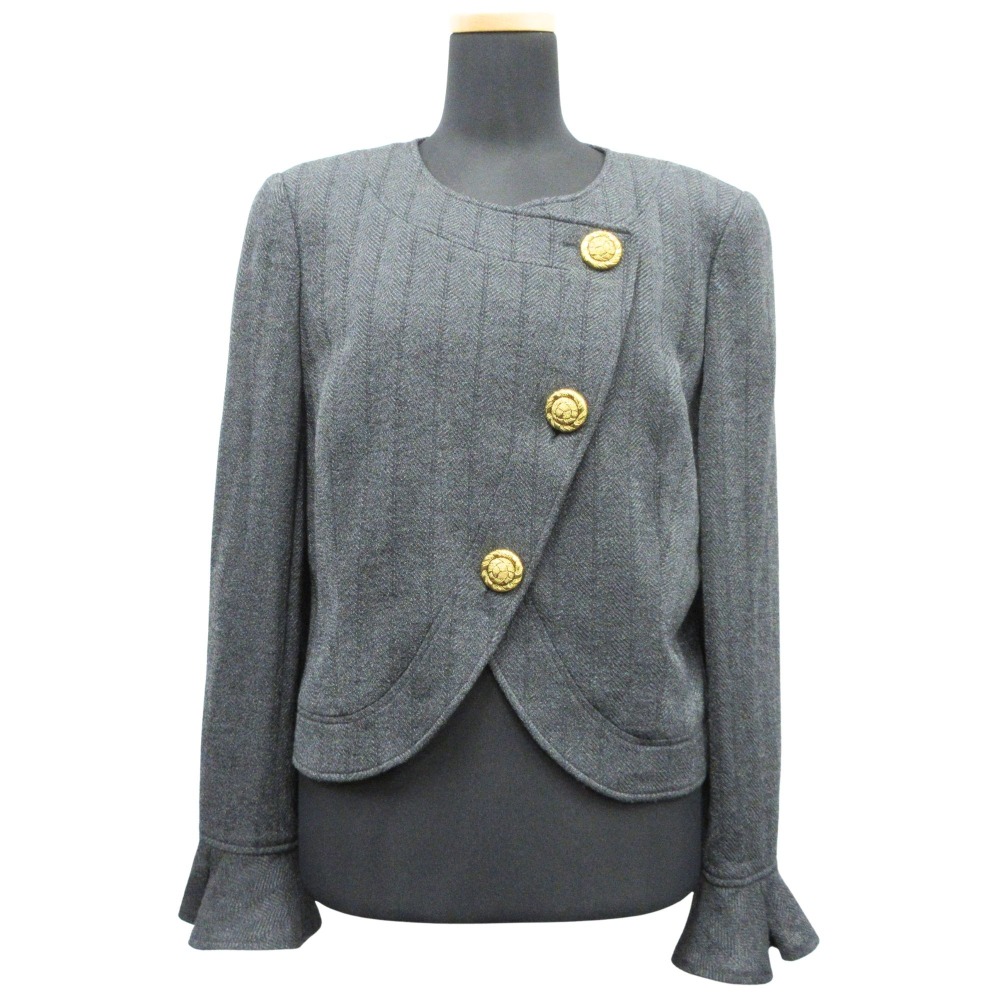 【中古】未使用 Studio Junko スタジオジュンコ ウール ノーカラー ジャケット ブルゾン ヘリンボーン ラメ 金ボタン 9号 灰 グレー レディース Re：MODE ブランド古着のリモード｜Re：MODE　ブランド古着のリモード