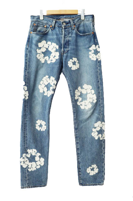 DENIM TEARS ブラックデニム 花柄プリント ウォッシュ加工 フレイム DENIM TEARS ブラックデニム 花柄プリント ウォッシュ加工