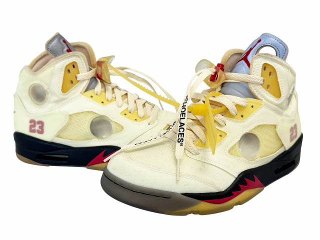 【中古】ナイキ NIKE ×OFF-WHITE 象牙色 AIR JORDAN 5 RETRO SP Sail エア湖 ジョーダン 5 セイル DH8565-100 25.5 黄色 ブランド名古着ベクター 中古☆AA★▲■260520 メンズ