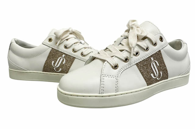 【中古】ジミーチュウ JIMMY CHOO CASH JC ロゴ プレート グリッター レザー ローカット スニーカー 35 白ホワイト ブランド古着ベクトル 中古●▲■260307 レディース