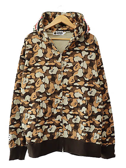 【中古】アベイシングエイプ A BATHING APE BAPE THINK 1ST ANNIV SHARK FULL ZIP HOODIE ベイプ シンク 1周年記念 シャーク フルジップ フーディー パーカー 001ZPL721001F XL 茶ブラウン ブランド古着ベクトル 中古■251206 メンズ