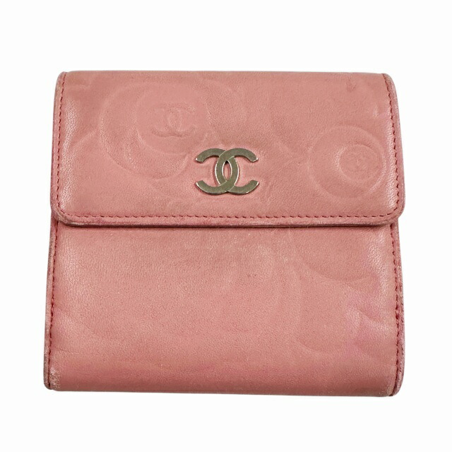 【中古】シャネル CHANEL ロゴ カメリア Wホック レザー 二つ折り財布 ピンク ブランド古着ベクトル 中古☆AA★●▲260323 レディース