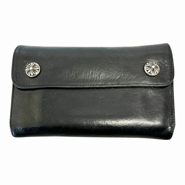 【中古】クロムハーツ CHROME HEARTS Wave Cross Ball Wallet ウェーブ クロス ボタン ウォレット 三つ折り 長財布 黒 ブラック ブランド古着ベクトル 中古☆AA★▲260312 メンズ