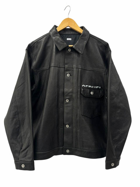 【中古】シークエル SEQUEL ×FRAGMENT フラグメント 25AW LEATHER JACKET ロゴ プリント カウ レザー 牛革 ジャケット SQ-25AW-JK-03 XL 黒ブラック ブランド古着ベクトル 中古260303 メンズ