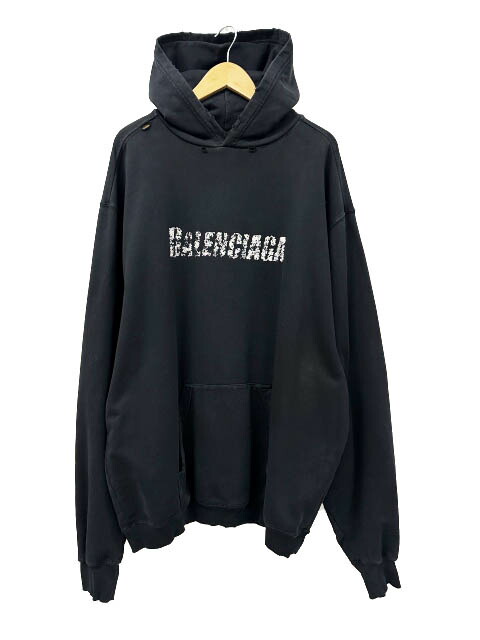 【中古】バレンシアガ BALENCIAGA 22AW Destroyed Logo-Print Hoodie デストロイド ダメージ加工 ロゴ プリント フーディ プルオーバー パーカー 729361 TNVL2 XXS 黒ブラック ブランド古着ベクトル 中古☆AA★260424 メンズ