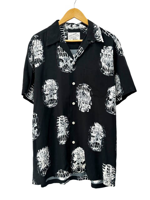 【中古】ワコマリア WACKO MARIA ×NECK FACE のど首人間の顔 19SS HAWAIIAN SHIRT スカル ハワイアン アロハ 半袖 ティーシャツ L 黒黒いこと ブランド名古着ベクター 中古260609 メンズ