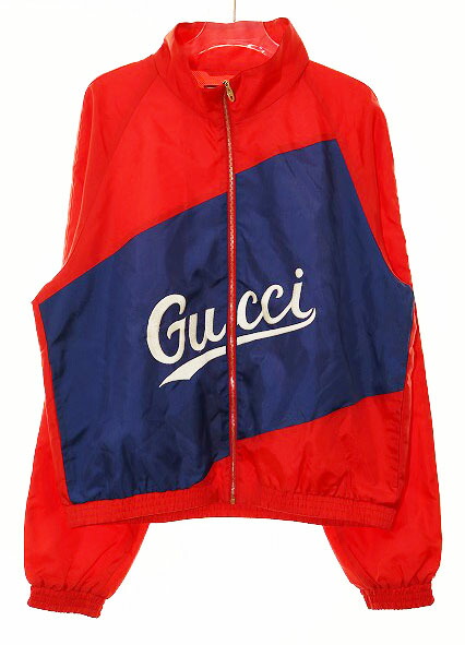 【中古】グッチ GUCCI LOGO NYLON JACKET RED サイズ46 618900 ロゴ ナイロン ジャケット レッド ブルー 刺繍 【ブランド古着ベクトル】☆AA★250828 メンズ 【ベクトル 古着】 250828