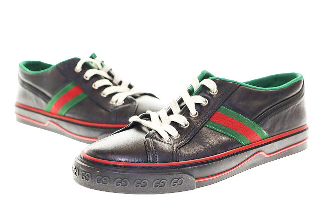 【中古】グッチ GUCCI TENNIS 1977 LEATHER BLACK 27.5糎 なめし革 スニーカー シェリー酒伝達ルート 黒いこと 黒●▲【ブランド名古着ベクター】260219 メンズ 【ベクター 古着】 260219