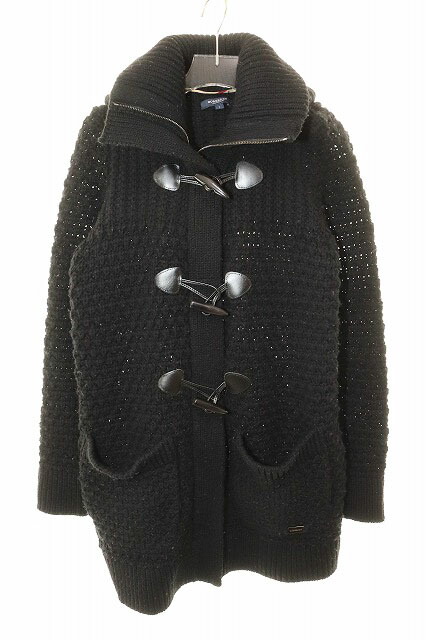 【中古】バーバリー ロンドン BURBERRY LONDON ニットコート Lサイズ B1N41-844-09 ロング丈 ダッフル トグルボタン フード ウール カシミヤ混 ブラック 【ブランド古着ベクトル】●260123 レディース 【ベクトル 古着】 260123