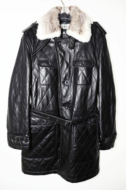 【中古】バーバリー BURBERRY BLACK LABEL ラムレザー コート L BMA19-310-09 ファー ジャケット 革 ブラック 【ブランド古着ベクトル】●260112 メンズ 【ベクトル 古着】 260112