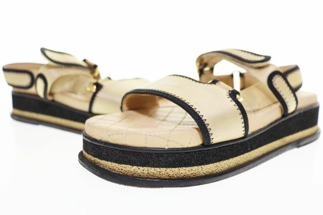 【中古】シャネル CHANEL ココマーク 運動競技サンダル 繻子 なめし革 ベージュ 【ブランド名古着ベクター】●▲260502 レディース 【ベクター 古着】 260502