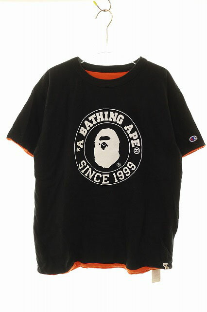 【中古】アベイシングエイプ A BATHING APE × CHAMPION REVERSIBLE TEE BLACK M はやりっ児 リヴァーシブル プルオーバー 刷り上げる 半袖 黒いこと 【ブランド名古着ベクター】260426 メンズ 【ベクター 古着】 260426