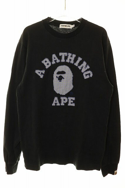 【中古】アベイシングエイプ A BATHING APE ギンガム読み合わせる柄 分科大学ロゴタイプ ロンT M大きさ 刷り上げる 長袖 黒いこと 【ブランド名古着ベクター】260426 メンズ 【ベクター 古着】 260426