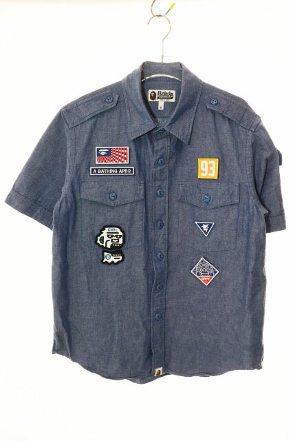 【中古】アベイシングエイプ A BATHING APE シャンブレーシャツ M大きさ 紋章 半袖 青色 【ブランド名古着ベクター】260502 メンズ 【ベクター 古着】 260502