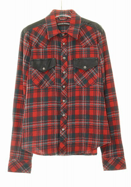 【中古】クロムハーツ CHROME HEARTS フレアニー レザー切り替え クロスボタン チェック ネルシャツ Mサイズ レッド ブラック 【ブランド古着ベクトル】☆AA★ ■ 260628 メンズ 【ベクトル 古着】 260628｜ベクトル プリマベーラ店