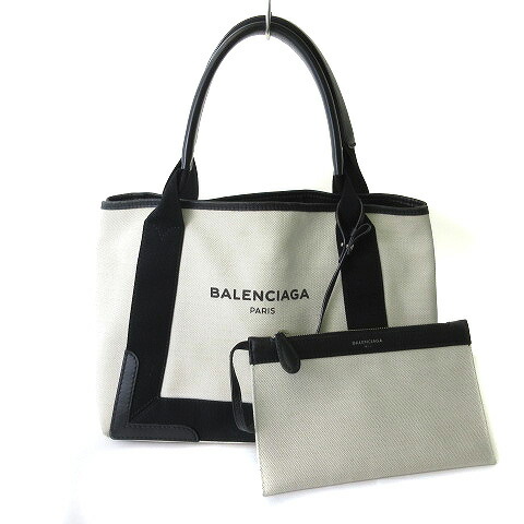 【中古】バレンシアガ BALENCIAGA Navy CABAS ネイビー カバ スモール ハンドバッグ トートバッグ キャンバス ブラック ホワイト ☆AA★ レディース 【ベクトル 古着】 250531