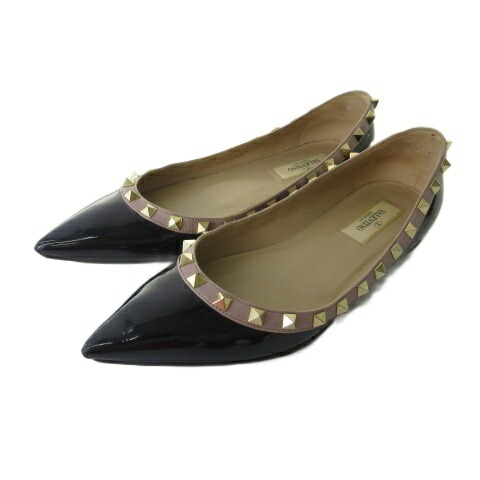 【中古】ヴァレンティノ ガラヴァーニ VALENTINO GARAVANI パンプス シューズ フラット ポインテッドトゥ パテント スタッズ 黒 ブラック 37.5 24.5cm レディース 【ベクトル 古着】 260121