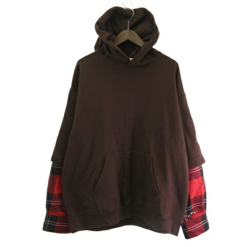 【中古】マルニ MARNI チェックレヤード スリーブ パーカー フーディ プルオーバー ブラウン レッド 茶 赤 46 メンズ 【ベクトル 古着】 260315