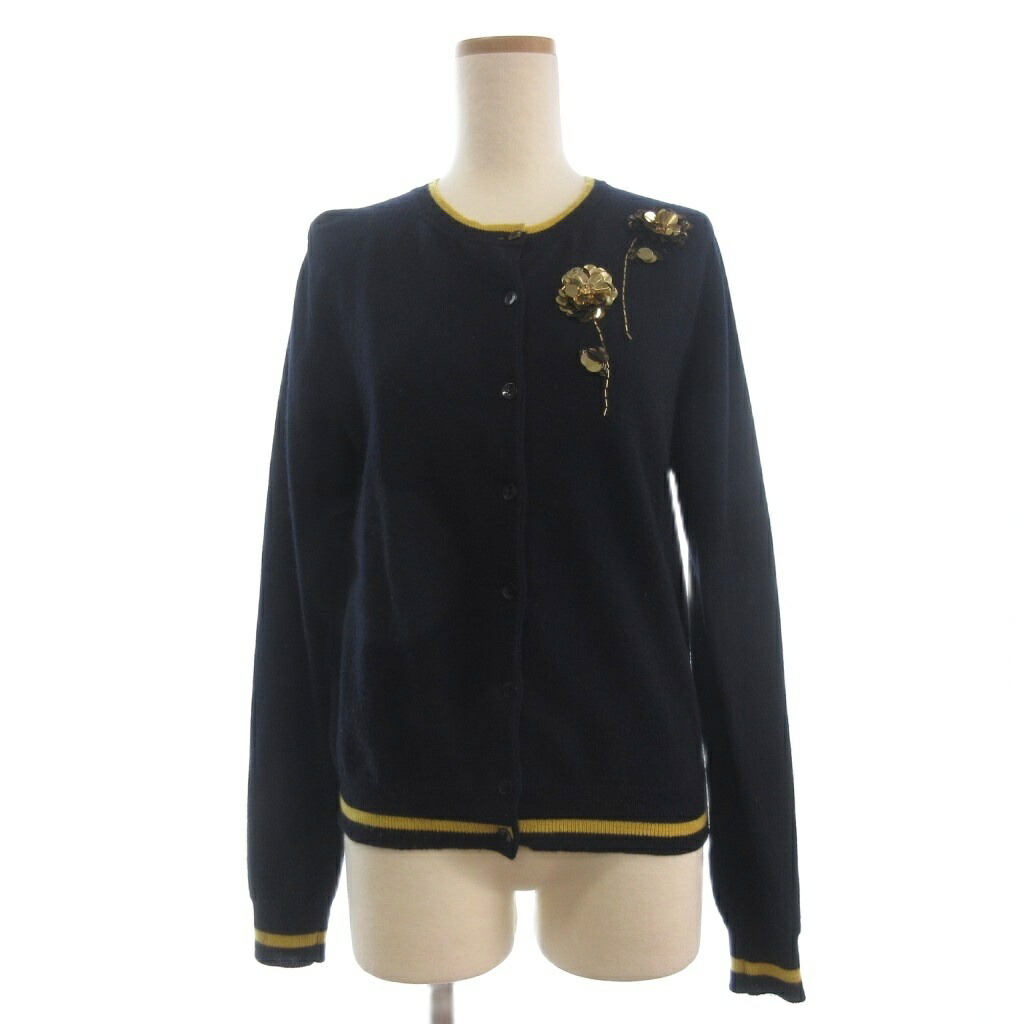 【中古】エルマノシェルビーノ ERMANNO SCERVINO カーディガン ニット クルーネック カシミヤ混 フラワーモチーフ 装飾 スパンコール 長袖 イタリア製 44 紺 ネイビー レディース 【ベクトル 古着】 260325