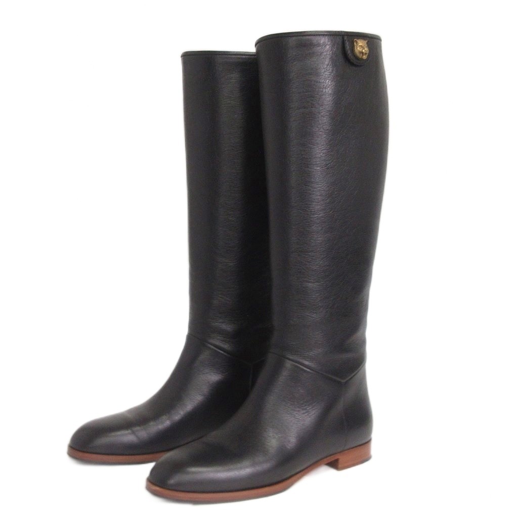 【中古】グッチ GUCCI 美品 ロングブーツ 虎天々 GGマーモント なめし革 黒 黒いこと 35 22糎位 靴 ☆AA★ レディース 【ベクター 古着】 251111